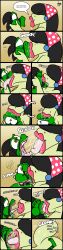 1boy 1girls 2d 2d_(artwork) anthro anthro_on_anthro bbw big_lips black_hair cameron_(skunkdude13) cheek_kiss comic comic_panel covered_eyes dialogue ear_accessory eyes_covered french_kiss grabbing_face hand_on_face headband jamearts jeanie_(jamearts) kiss_mark kissing kissing_on_lips larger_female licking lips lizard lizard_girl lizard_tail lizardman long_hair male/female mwah pink_lipstick pink_lipstick_mark polka_dot saliva saliva_string saliva_trail scalie size_difference smaller_male smooch tail tongue tongue_kiss tongue_out