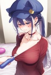 1girls bed bedroom blue_eyes blue_hair blush bullying cappie_(miside) choker collarbone female female_focus medium_breasts miside mita_(miside) nervous ponytail sad shirt solo sweatdrop vibrator vibrator_on_breast