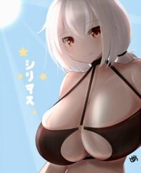 1girls azur_lane bangs big_breasts bikini bikini_top black_bikini blush breasts cleavage female female_only hair_between_eyes huge_breasts large_breasts light-skinned_female light_skin looking_at_viewer medium_hair metae o-ring o-ring_bikini orange_eyes royal_navy_(azur_lane) sirius_(azur_lane) sirius_(scorching-hot_seirios)_(azur_lane) skindentation solo swimwear tied_hair white_hair