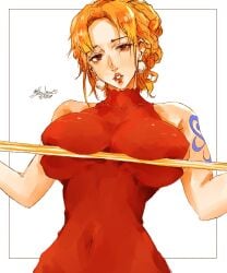 arm_tattoo big_breasts bon_drawr breast_press breasts looking_at_viewer nami one_piece orange_hair pole red_dress staff tattoo