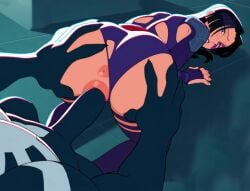 1boy 1girls anus ass blue_eyes grabbing grabbing_ass highres huge_ass leotard long_hair monster penis psylocke psylocke_(marvel_rivals) purple_hair sex size_difference stitched suoiresnu tagme third-party_edit torn_clothes venom_(marvel) venom_(marvel_rivals)