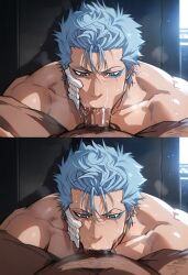 2boys ai_generated bleach blowjob dark-skinned_male dark_skin deepthroat gay grimmjow_jaegerjaquez hairy muscular muscular_male musk saliva saliva_trail spread_legs