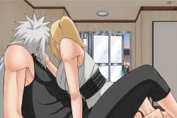 2boys 2girls black_shirt blonde_hair couple cowgirl_position gonggae_1111 highres implied_sex jiraiya lolicon long_hair multiple_boys multiple_girls naruto naruto_(series) ponytail shirt sleeveless sleeveless_shirt sliding_doors tsunade white_hair