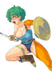 blush breasts circlet cleavage clothing dragon_quest dragon_quest_iv female female_only green_hair heroine heroine_(dq4) human large_breasts muscle namboku nipple_slip nipples open_mouth shield short_hair solo sword weapon