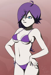 bikini blue_eyes hands_on_hips mad navel purple_hair tiiara zone-tan