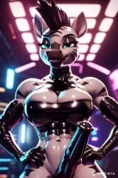 abs ai_generated animated anthro balls black_penis bra elbow_gloves futanari horsecock latex mohawk muscular nightclub no_sound penis stripes tagme veins video zebra