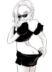 android_18 ass crop_top dragon_ball dragon_ball_z female pink_mousse pulling_clothing shorts sunglasses