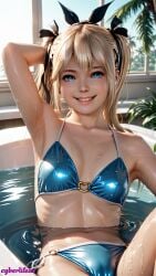 3d ai ai_generated alone armpit armpit_focus armpits bath bathroom bathtub beautiful bikini bikini_bottom bikini_top blonde_hair blue_bikini blue_eyes blue_panties cute cyberlifeai dead_or_alive female female_only grin hot_tub hottub looking_at_viewer marie_rose medium_breasts palm_tree ponytail seaside seductive seductive_body seductive_female sexy sexy_body sfw small_bikini smile solo sunrise teen teen_girl teenage_girl wet wet_bikini wet_body wet_skin yellow_hair