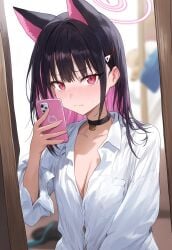 ai_generated animal_ears anthro azusa_(blue_archive) black_hair blue_archive blush breasts cat_ears catgirl choker highlights_(coloring) iieneko mirror mirror_selfie phone pink_hair selfie shy two_tone_hair