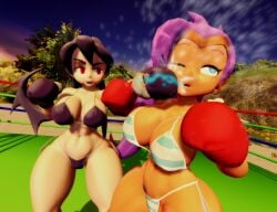 2girls 3d big_breasts bikini black_hair blue_eyes boxing boxing_gloves boxing_ring breasts crossover dark-skinned_female dark_skin female_focus female_only fight fighting fighting_ring filia_(skullgirls) huge_breasts josugomezofficialnew large_breasts long_hair punch punching punching_face purple_hair red_eyes ryona shantae shantae_(character) skullgirls thick thick_thighs thighs vs wide_hips