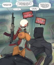 armored_female assault_rifle big_breasts big_thighs comic comic_page comic_panel dark-skinned_female dark_skin dark_skinned_female exposed_breasts exposed_pussy male_and_female modern_combat_versus roadiesky