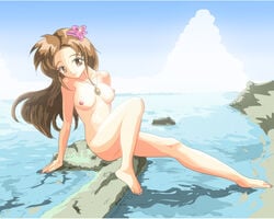 beach brown_hair female hair_flower link's_awakening marin necklace nintendo nude ocean straight_hair tansoku102cm the_legend_of_zelda