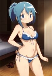 ai_generated artist_logo bed bedroom bikini blue_bikini blue_eyes blue_hair cute frills madoka_worship magical_girl mahou_shoujo_madoka_magica micro_bikini miki_sayaka ponytail puella_magi_madoka_magica short_hair smile