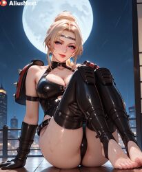 ai_generated aliusnext big_ass big_breasts blonde_female blonde_hair breasts feet feet_focus feet_together feet_up foot_fetish footwear hi_res high_resolution highres light-skinned_female light_skin medium_breasts ninja ninja_gaiden pale_skin patreon rachel_(ninja_gaiden) slimy stirrup_legwear stirrup_stockings sweat sweatdrop thick_ass thick_thighs