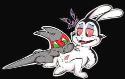 2018 anthro balls black_body black_ears black_fur blush bunnicula bunnicula_(series) digital_media_(artwork) dragon duo fangs fur genitals green_eyes grey_body grey_ears grey_scales grey_tail half-closed_eyes happy lagomorph leporid long_ears looking_at_another looking_at_genitalia looking_at_penis lying male male/male mammal multicolored_body multicolored_fur mythological_creature mythological_scalie mythology narrowed_eyes on_back penis pink_sclera rabbit red_eyes scales scalie scut_tail sharp_teeth short_tail signature small_balls small_penis smile snapdraxy_(therapitor) tail teeth therapitor tongue two_tone_body two_tone_fur vampire white_body white_fur white_nose white_tail