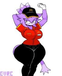 1girls 5_fingers anthro arm_behind_head big_breasts blaze_the_cat blaze_the_cat_(om) bored_expression breasts cap clothed clothing countershade_face countershading dipstick_hair evrc eyelashes fast_food fast_food_uniform female female_only furry gem gem_on_forehead gloves half-closed_eyes hat head_tuft hips hourglass_figure mcdonald's mobian_(species) name_tag outcome_memories petite purple_body purple_fur red_eyes roblox roblox_game sega slim_thick solo sonic_(series) sonic_the_hedgehog_(series) stretching tail thick_thighs white_body white_fur work_uniform