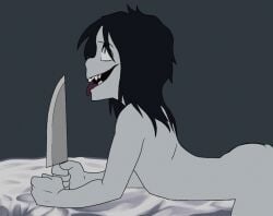 1boy 2boys anal anal_sex animated ass black_hair creepypasta doggy_style femboy from_behind from_behind_position gay implied_sex jeff_the_killer knife male_penetrated offscreen_character pale_skin panting sex submissive_male yaoi