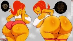 1girls adventure_time ass big_ass big_breasts big_butt big_thighs bodily_fluids breasts bubble_butt butt cleavage coldarsenal dat_ass dialogue fat_ass female female_only fire flame_princess flaming_hair gigantic_ass gigantic_breasts gigantic_thighs huge_ass huge_breasts huge_thighs large_breasts looking_at_own_butt looking_at_viewer looking_down mob_face navel orange_body orange_skin ponytail red_hair red_head short_shorts shorts solo solo_female solo_focus steam steaming_body sweat sweatdrop sweating sweaty_butt text thick_ass thick_thighs thighs wide_hips