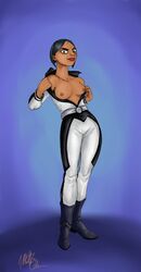 breasts_out brown_skin clothed clothing exposed_breasts female female_only human partially_clothed sasha_caylo solo standing tagme titan_maximum