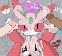 bug_girl bukkake cum cum_drip cum_on_body cum_on_face emberbaye floating_penis interspecies lurantis pokemon pokemon_(species) pokemon_sm red_eyes simple_background