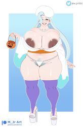 blue_eyes breasts curvy female fundoshi halloween highres huge_breasts huge_nipples japanese_clothes long_hair m_jr1532 m_jr_art melony_(pokemon) plump pokemon pokemon_swsh pubic_hair smile standing