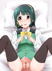 bed black_legwear blush bowtie brown_eyes censored embarrassed female green_hair hairband highres idolmaster kaiga legs looking_away lying microphone no_panties open_mouth otonashi_kotori pillow pubic_hair pussy short_hair solo spread_legs thighs