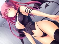 1girls arm_strap ayase_hazuki black_legwear black_wings breasts choker cleavage closed_eyes curvy demon_girl demon_tail dutch_angle female_focus firika_mia_shatana game_cg grand_cru_bourgeois hair_ornament head_wings hip_focus indoors large_breasts legs long_hair navel nukidoki! panties pink_hair solo standing tail thighs underwear wings