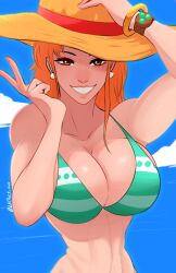 1girls abs big_breasts color female female_focus female_only hat hi_res large_breasts lettuce_uwu light-skinned_female light_skin looking_at_viewer muscles muscular muscular_arms muscular_female nami nami_(one_piece) one_piece orange_eyes orange_hair shounen_jump solo solo_female tagme thick_thighs