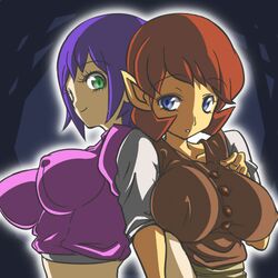 2girls anju big_breasts blue_eyes blue_hair bombchu_lady breasts chris_(mario) clothing female female_only green_eyes majora's_mask multiple_girls nintendo ocarina_of_time red_hair straight_hair the_legend_of_zelda