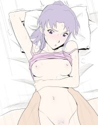 1boy 1boy1girl 1girls ambiguous_penetration blush breasts breasts_out female holding looking_at_penis lying_on_back lying_on_bed misato_katsuragi missionary_position neon_genesis_evangelion nipples open_mouth pillow pubic_hair shirt shirt_lift spread_legs suirann00 sweat violet_eyes violet_hair white_background