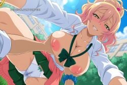 1boy blonde_hair blue_sky blush bow bow_panties bowtie bracelet breasts breasts_out cameltoe clothes_around_waist cloud collarbone collared_shirt cowgirl_position day dutch_angle earrings female from_below grabbing grabbing_another's_breast green_eyes green_skirt grin gyaru hair_between_eyes hair_ornament hajimete_no_gal heart heart-shaped_pupils jewelry kogal large_breasts long_hair looking_at_viewer loose_bowtie nipples no_bra open_clothes open_shirt outdoors panties pink_hair pleated_skirt ponytail pov pussy_juice pussy_juice_stain school_uniform scrunchie shirt skirt sky smile solo_focus spread_legs straight sweater sweater_around_waist symbol-shaped_pupils underwear web_address wet_clothes wet_panties white_panties white_shirt wrist_scrunchie yame_yukana