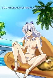 1girls anus blush breasts chair female female_only full_metal_panic grey_eyes hairbow hand_on_knee high_heels long_hair nail_polish nipples octopi outdoors parted_lips pubic_hair pussy sandals silver_hair sitting smile solo spread_legs teletha_testarossa