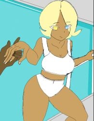 big_ass blonde_hair blue_eye cookie_run crk dark_cacao_cookie dark_skin genderswap_(mtf) holding_hands leaving_pool medium_breasts pure_vanilla_cookie rule_63 tan_skin thick_thighs white_eyelashes white_swimsuit yellow_eye