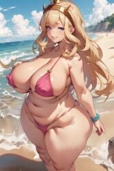 ai_generated alternate_body_type bbw beach big_breasts big_breasts bikini blonde_hair bottom_heavy cagliostro_(granblue_fantasy) curly_hair curvaceous curvy fringe granblue_fantasy granblue_fantasy_versus headband huge_hips long_hair pink_bikini pink_swimsuit shortstack skimpy_clothes smiling smug smug_face smug_grin standing swimsuit thick_thighs voluptuous wide_hips