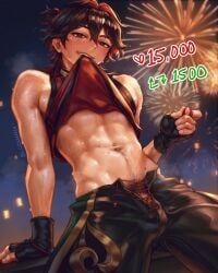 1boy abs belly belly_button_piercing biting_shirt bludwing blush blushing brown_pubic_hair cock dick eyebrow_piercing gaming_(genshin_impact) genshin_impact happy_trail male male_only male_solo muscular_arms navel_piercing pants_undone penis penis_peek pierced_belly_button pierced_eyebrow pierced_navel pubic_hair shirt_bite shirt_in_mouth solo solo_male sweat sweatdrop sweating sweaty sweaty_body treasure_trail