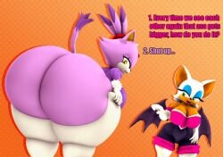 2024 3d_(artwork) absurd_res accessory annoyed anthro armwear ass bat bat_wings big_breasts big_butt big_ears black_nose blaze_the_cat bodysuit boots bottomwear breasts butt_cleavage checkered checkered_background cindablimp cleavage clothed clothing dialogue digital_media_(artwork) domestic_cat duo elbow_gloves english_text eyelashes eyeshadow felid feline felis female footwear fur gloves green_eyes hair hair_accessory hair_tie handwear hi_res huge_butt hyper hyper_butt lidded_eyes long_eyelashes makeup mammal membrane_(anatomy) membranous_wings multicolored_body multicolored_fur open_mouth open_smile pants pattern_background purple_body purple_fur purple_hair purple_tail rouge_the_bat sega shoes side_boob simple_background skinsuit smile sonic_(series) sonic_the_hedgehog_(series) source_filmmaker_(artwork) standing tail text thick_thighs tight_clothing topwear two_tone_body two_tone_fur white_armwear white_body white_boots white_bottomwear white_clothing white_elbow_gloves white_footwear white_fur white_gloves white_hair white_handwear white_pants wings yellow_eyes