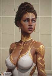 ai_generated arcane arcane:_league_of_legends big_breasts black_body cleavage dark-skinned_female dark_skin earrings galszip gold_(metal) gold_jewelry gold_tattoo green_eyes hd league_of_legends makeup mel_medarda short_hair white_clothing