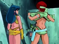 1980s_(style) 1987 2boys 2girls animated anime_screenshot ass bare_back bare_shoulders blue_hair breasts butt_crack cleavage dark-skinned_female dark_skin dirty_pair female flashing gun kei_(dirty_pair) large_breasts long_hair machine_gun midriff multiple_boys multiple_girls navel oldschool red_hair retro_artstyle short_hair shorts smile soldier sound surprised tagme teasing video weapon yuri_(dirty_pair)