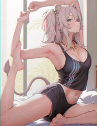 1girl armpit arms_above_head bare_legs big_breasts blush cleavage feet female grey_hair hololive hololive_japan lion_ears lion_girl lion_tail navel shishiro_botan shorts solo stretching tummy virtual_youtuber vtuber workout_clothes yoga