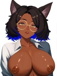 1girls adult adult_female animal_ear_fluff animal_ears areolae bare_breasts bare_chest bare_nipples bare_skin bare_tits black_hair black_hair_female blue_hair blue_hair_female blush blush_face blush_lines blushed_face blushing_at_viewer blushing_face blushing_female breasts brown-skinned_female brown_skin bust_cup busty busty_female busty_girl camille_rhodes_(yan_kodiac) cat_ears cleavage collarbone dot_nose ebony ebony_female exposed_breasts exposed_chest exposed_nipples exposed_skin exposed_tits exposing exposing_breasts exposing_chest exposing_nipple exposing_self female female_focus female_only glasses glasses_on_face glasses_on_head grin high_resolution highres large_breasts lips looking_at_viewer mature mature_female medium_hair multicolored_hair nipple_piercing nipple_piercings nipples nipples_piercing open_clothes open_clothing open_shirt open_topwear original original_art original_artwork original_character parted_bangs pierced_nipple pierced_nipples seductive_body seductive_cleavage shiny_breasts shiny_hair shiny_nipples shiny_skin shirt short_hair shoulders showing_breasts showing_chest showing_nipple simple_background smile smiley_face smiling smiling_at_viewer smirk smooth_skin solo unbuttoned unbuttoned_shirt uncensored uncensored_breasts uncensored_nipples upper_body white_background white_shirt white_topwear yan_kodiac yellow_eyes yellow_eyes_female