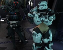 1boy 2girls alphaprimaris big_breasts big_butt big_thighs grabbing_partner halo halo_(game) halo_(series) halo_3_odst halo_4 impractical_armor jiralhanae sarah_palmer veronica_dare