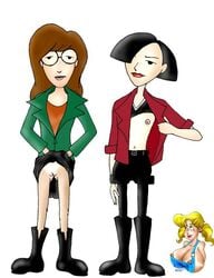 2girls black_hair bololo brown_hair clothing daria daria_morgendorffer female flashing flat_chest glasses jane_lane multiple_girls no_bra no_panties open_clothes pussy skirt upskirt