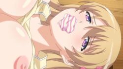 animated blonde_hair bouncing_breasts breasts clockup collaboration_works erect_nipples eroge!_h_mo_game_mo_kaihatsu_zanmai fujiwara_momoka gagged hair_ornament large_breasts long_hair nipples on_floor panty_gag purple_eyes screencap sex