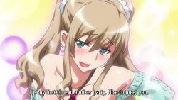 10s 2017 animated ass audible_music bare_shoulders bent_over blonde_hair blue_eyes blush breasts cleavage covered_erect_nipples dress earrings female hanging_breasts imouto_bitch_ni_shiboraretai impossible_clothes jewelry large_breasts leaning_forward long_hair looking_at_viewer miina_(imouto_bitch_ni_shiboraretai) music no_bra oerba_yun_fang off-shoulder_sweater off_shoulder open_mouth screencap scrunchie shirt_tug smile solo sound standing sweater sweater_dress t-rex_(animation_studio) tagme twintails video