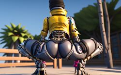 ai_generated ass big_ass big_thighs black_beanie fortnite hood outdoors pantless rebel_(fortnite) robot spread_legs squatting yellow_jacket zabcdefg