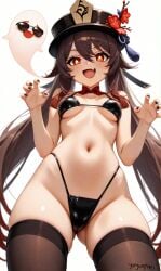 1girls ass_visible_through_thighs bikini black_bikini breasts brown_hair genshin_impact ghost hat hu_tao_(genshin_impact) micro_bikini nail_polish red_eyes small_breasts solo sunglasses thighhighs twintails underboob