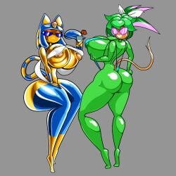 2girls animal_crossing ankha_(animal_crossing) bikini blaster_master cat_tail doll frown frowning_at_viewer green_body huge huge_areolae huge_ass huge_breasts kanna_(blaster_master) knick_knack looking_at_viewer narrow_waist palooha plant_girl smiling_at_viewer sunglasses thighs yellow_body