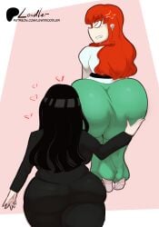 2girls angry ass_focus big_ass big_butt black_hair couple dress faceless_female grabbing grabbing_ass green_dress groping heart_symbol hearts_around_head huge_ass hyper_ass koumori_kuroko large_butt large_thighs lifting_person pervert red_hair round_ass suit white_shoes wide_hips woman_in_suit yanaoka_chiyo yuri yuri