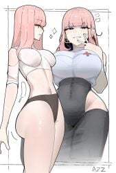 2d 2d_(artwork) 2girls azz0422 bangs black_eyes bralines clothing_cutout covered_navel eyelashes front_view hip_vent impossible_fit looking_at_viewer multiple_views oc original_character panties pink_pupils plus_sign red_cross same_character side_view stars white_shirt