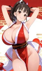 ai_generated alternate_breast_size alternate_costume anonymous_(japanese) armpits arms_behind_head bare_shoulders breasts brown_eyes brown_hair cleavage closed_mouth female fukuyama_mai huge_breasts idolmaster idolmaster_cinderella_girls long_hair looking_at_viewer ponytail shiranui_mai sideboob smile solo